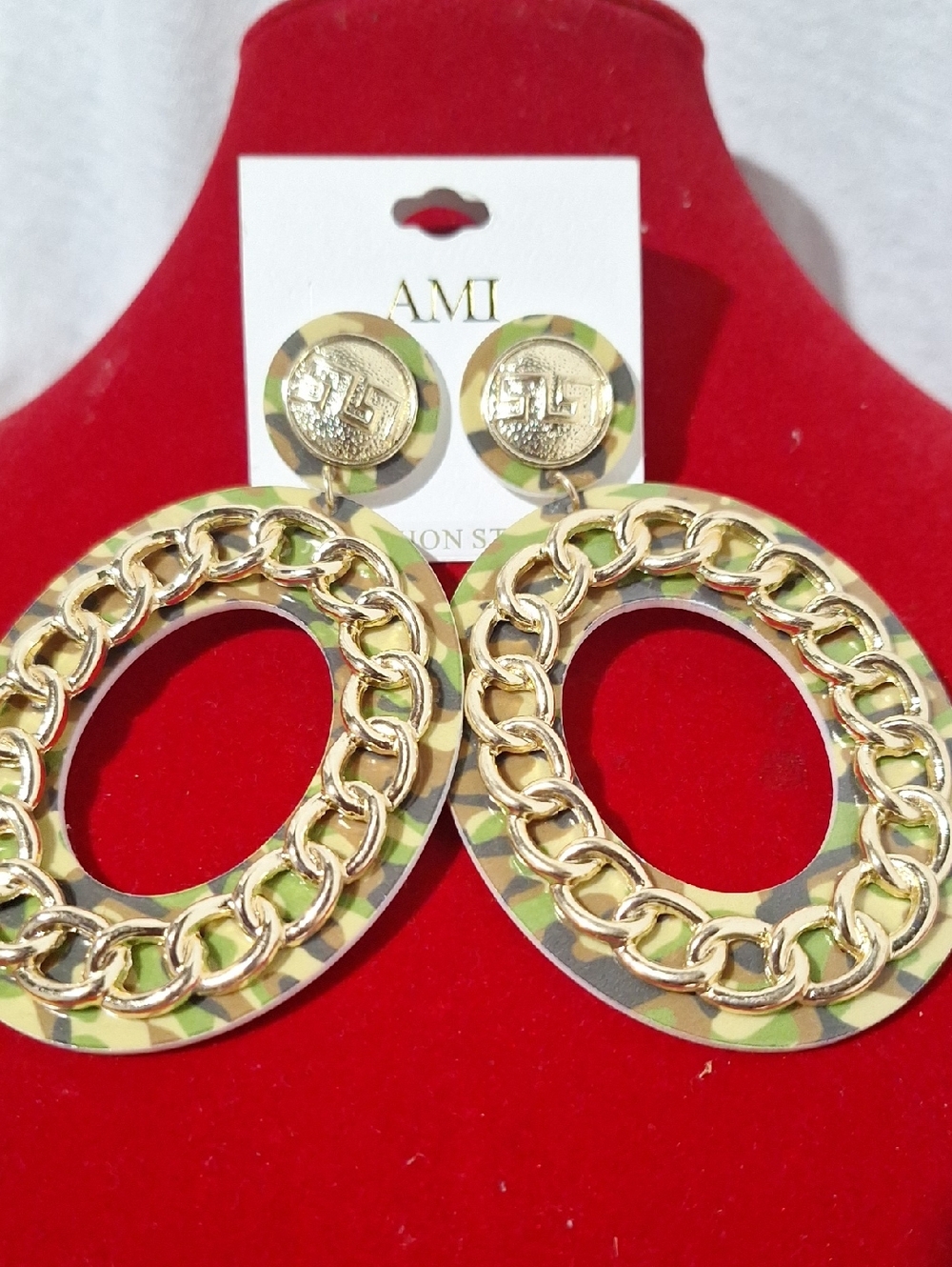 AMI Gold Hoop Earrings with Green Camo Accent and Chain Detail